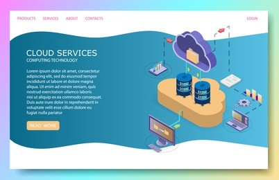 cloud services landing page website template. vector isometric illustration. cloud storage and file sharing services concept with desktop pc, laptop mobile servers connected to cloud with file folder.