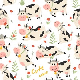 seamless pattern with cute cows character in various positions. vector illustration for your design