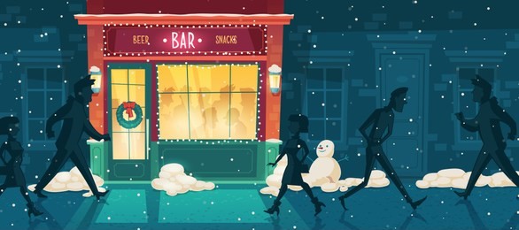 background with beer bar at winter, christmas eve. people on the street and inside the establishment. facade, entrance with illumination, signboard and wreath. outdoor architecture background.
