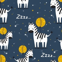 zebras, hand drawn backdrop. colorful seamless pattern with animals, moon, stars. decorative cute wallpaper, good for printing. overlapping background vector. design illustration