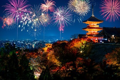 kiyomizu-dera temple with fireworks display in kyoto, japan 