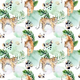 seamless watercolor tiger pattern with tigers with tropical leaves, aloha jungle hawaiian. hand painted palm leaf. texture with tropic summer background, wrapping paper, textile or wallpaper design.