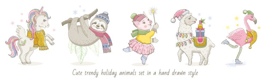 christmas cute magic tropical animal: unicorn, sloth, pig, lama, flamingo. hand drawn trendy doodle icon set. merry xmas & happy new year cartoon sketch. watercolor vector illustration isolated white