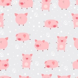 seamless pattern cheerful cute little cute pigs in snow. cartoon animal vector illustration. texture with pigs new year 2019.