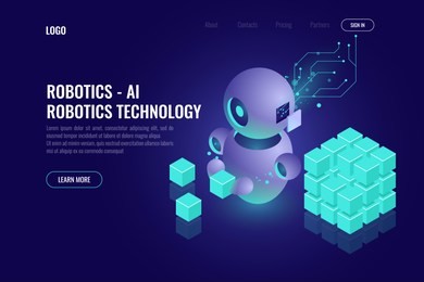 industry 4.0 concept, big data isometric robotics technology, automating the process with a robot, organize and sort data, 3d vector dark background