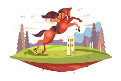 professional horseback riding vector illustration. jockey boy in uniform overcoming of obstacles flat style concept. horse and man rider jumping hurdles