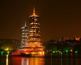sun and moon pagodas, guilin, china