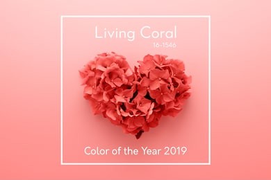 living coral color of the year 2019. heart shape made of flowers abstract background. gradient colors palette. love symbol.