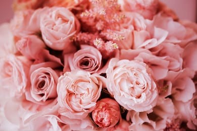 wedding flowers, bridal bouquet closeup. decoration made of roses, peonies and decorative plants, close-up, selective focus, nobody, objects living coral