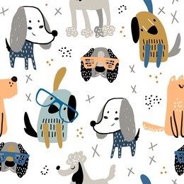 childish seamless pattern with funny creative dogs. trendy scandinavian vector background. perfect for kids apparel,fabric, textile, nursery decoration,wrapping paper
