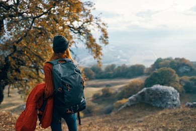 woman tourist with a backpack in nature                    
