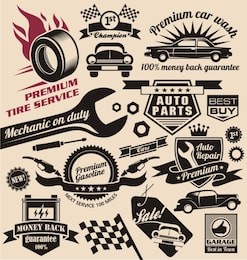 vintage collection of car related signs, logos, icons and symbols with various design elements, ribbons and emblems.