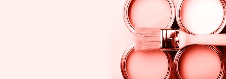 banner with color of the year 2019 - living coral. four open cans of paint renovation concept.