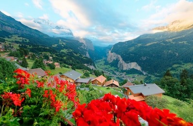 morning scenery of jungfrau with golden glow on snowy alpine mountain top & wengen village on a grassy hill overlooking lauterbrunnen valley between vertical cliffs in bernese oberland, switzerland