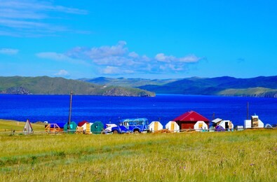 holiday huts and beautiful view on the baikal lake near irkutsk, buryatia republic, southern siberia, russia, asia