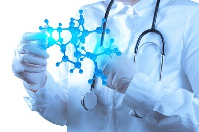 scientist doctor hand touch virtual molecular structure in the lab