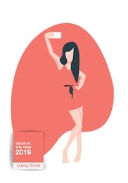 a girl makes a selfie, coral dress, fashion, color of the year 2019, vector illustration