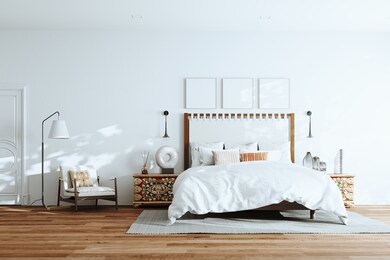 floor lamp on wooden floor in spacious bedroom white interior with carpet and gallery on wall above bed 3d render