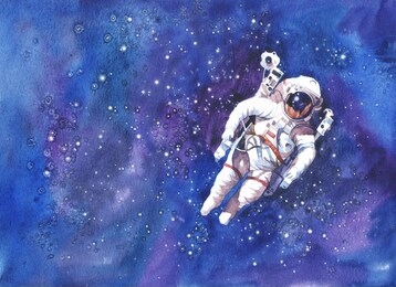 astronaut in outer space. watercolor illustration.