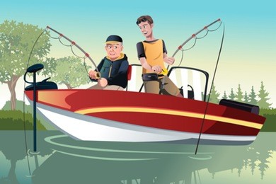 a vector illustration of a senior father and his adult son going fishing on a boat