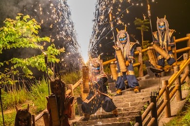 japanese landscape, noboribetsu jigokudani firework 2018 in hokkaido noboribetsu.(handheld fireworks = "tezutsu hanabi" in japanese with japanese traditional devil is "oni")