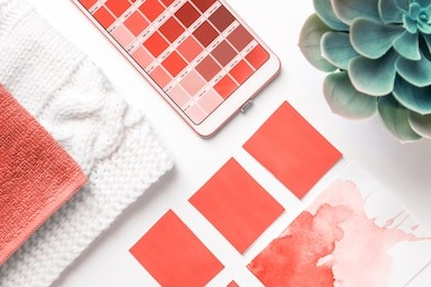 color palette guide in mobile phone on white background. flatlay. color of the year 2019 living coral