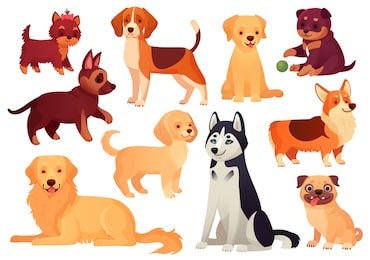 cartoon puppy and dog. happy puppies with smiling muzzle, loyal dogs and friendly dog. husky, corgi and pug doggy pedigree expression character isolated vector icons set