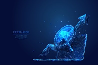 a magnifying glass and an arrow up on a laptop background. low poly wireframe vector polygonal illustration. isolated computer analytics.  business concept. financial growth. technology and science.