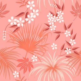 tropical vector seamless pattern in living coral color. main trend concept. botany design, jungle leaves of palm tree and flowers.