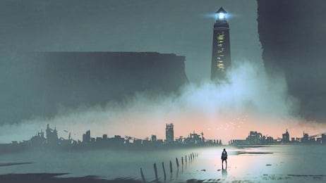 night scenery of the big lighthouse in futuristic world, digital art style, illustration painting