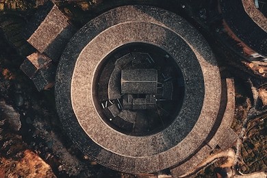 aerial closeup view of tulou, the unique dwellings of hakka in fujian, china.