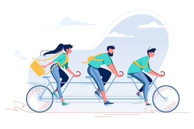 team with young woman, man with beard and student riding a bike. concept flat people on vehicle, teamwork, friends relax. vector illustration.