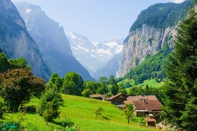 alpine peaks landskape. lauterbrunnen, jungfrau, bernese highland. alps, tourism, journey, hiking concept.