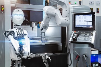 humanoid robot control automatic robotic industrial with cnc machine in smart factory. future technology concept