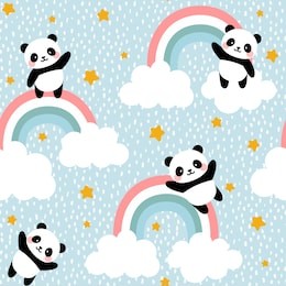 panda seamless pattern background, happy cute panda flying in the sky between clouds and star, cartoon panda bears vector illustration for kids forest background with rain dots