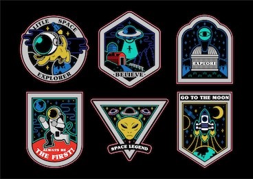 monochrome graphic vintage set icons patches stickers pins on topic space explore alien ufo spaceship mars astronaut. modern vector mascot logo trendy print for clothes t shirt sweatshirt poster kids