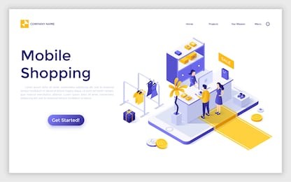 landing page with giant smartphone, people buying goods online and place for text. mobile shopping. modern isometric vector illustration for advertisement, promotion of application for internet store.