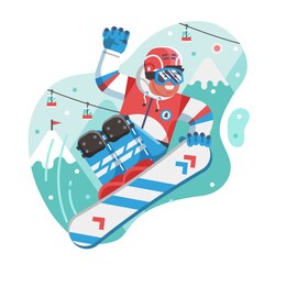 smiling cross country snowboarder jumping on ski resort background. freeride snowboard man character in motion concept scene. mountain freestyle skier jump on snow hill.