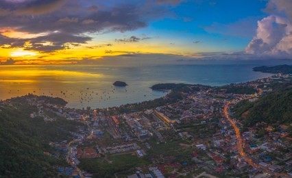 areial photography beautiful sunset above kata beach phuket 