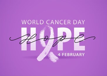 world cancer day 4 february. violet background. white hope word with ribbon symbol. vector illustration text concept for world cancer day. typography design for poster banner and post on social media.