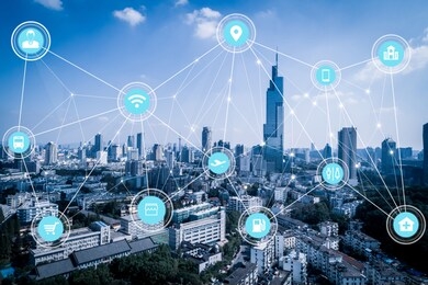 5g network wireless systems and internet of things with modern city skyline