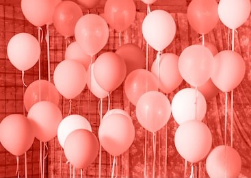 living coral background with flying balloons, copy space for text. color of the year 2019. christmas, birthday, valentine, wedding, holiday concept