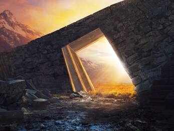 a surreal landscape with a bridge and meadow of beautiful yellow flowers