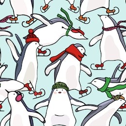 vector seamless pattern with hand drawn cute penguins skating on ice. ink drawing, funny illustration, beautiful animal design elements.