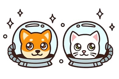 cute cartoon space cat and dog drawing. kawaii anime style puppy and kitty in astronaut helmets, isolated vector illustration.