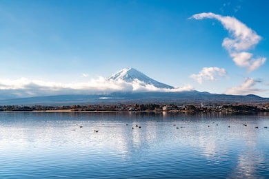 close up mount fuji from lake kawaguchi side, mt fuji view from the lake