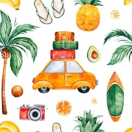 travel watercolor seamless pattern with palm tree,yellow car,suitcase,pineapple,serf board,fruits,camera and more. perfect for wallpaper,print,packaging,invitations,packaging,cover design,travel etc