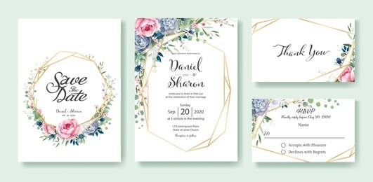 wedding invitation, save the date, thank you, rsvp card design template. queen of sweden rose flower, leaves, succulent plant, anemone plants. vector.