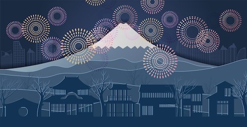 japan new year,japan of world famous landmarks with colorful fireworks.vector paper art and digital craft style.