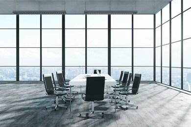 bright meeting room niterior with panoramic city view and sunlight. 3d rendering 